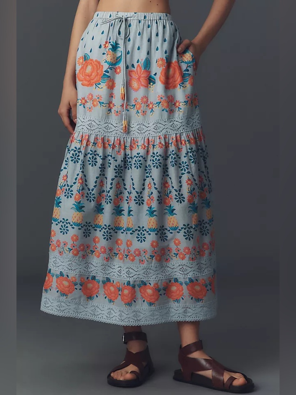 Farm Rio Tropical Delicacy Maxi Skirt Floral Blue Small